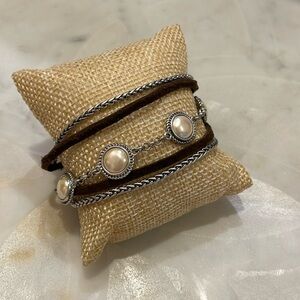 Lucky 5 strand leather, pearl and silver bracelet
